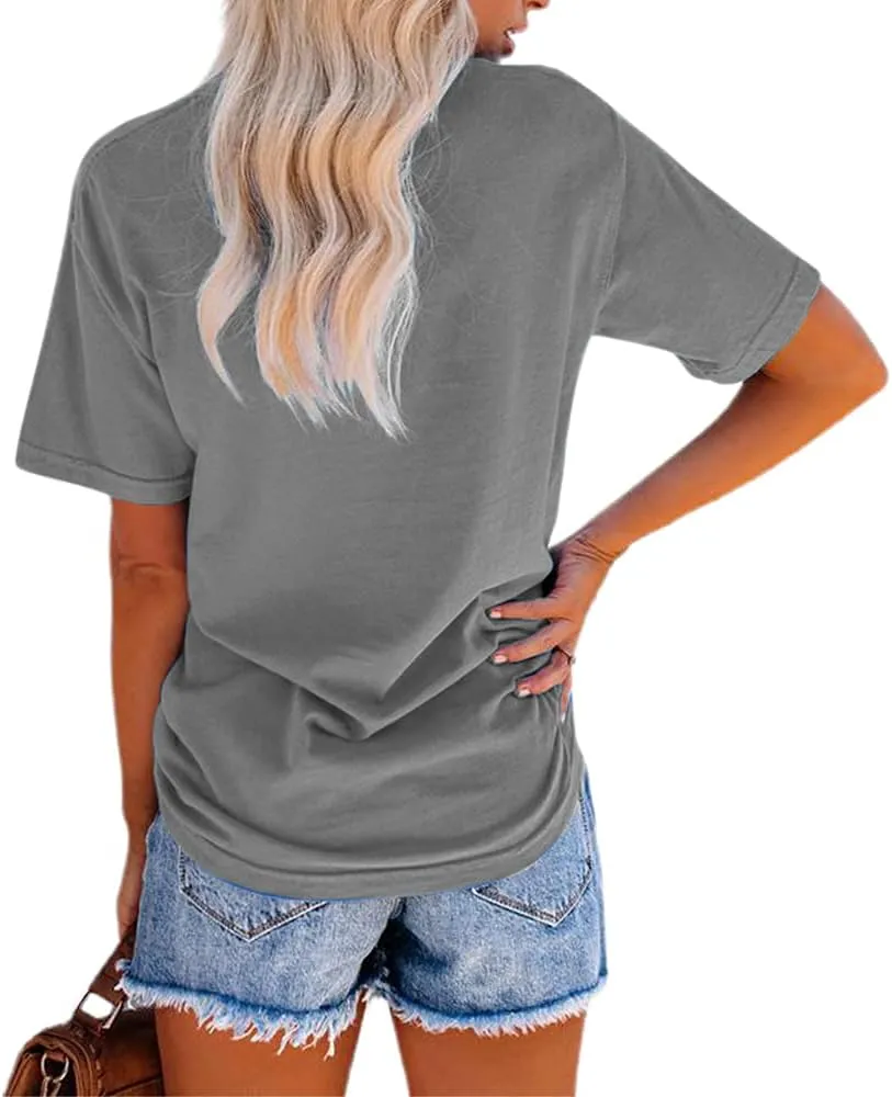 NIUBIA Women's Letter Print Basic Crew Neck Tee Summer Short Sleeve T-Shirt with Pockets Loose Fitting Tops