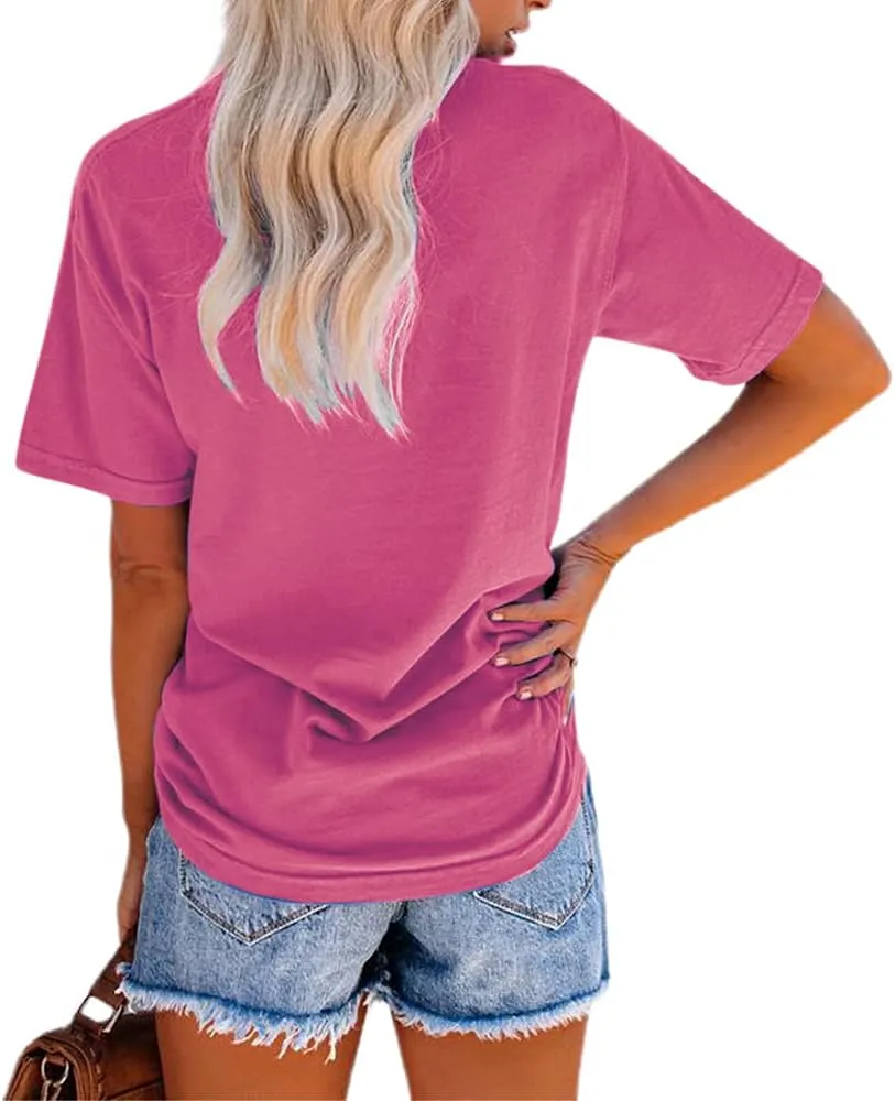 NIUBIA Women's Letter Print Basic Crew Neck Tee Summer Short Sleeve T-Shirt with Pockets Loose Fitting Tops
