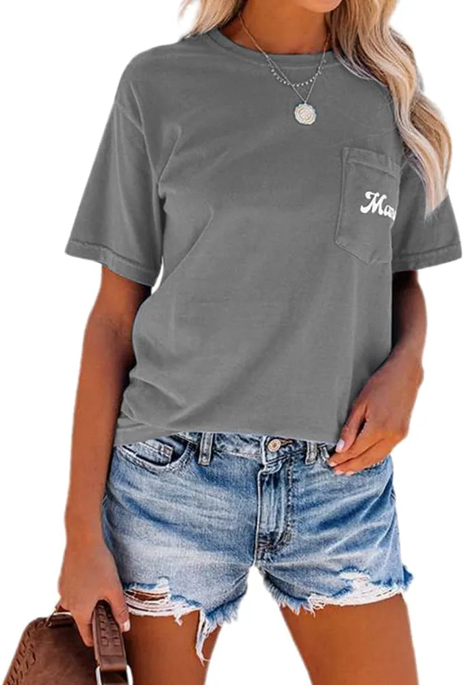 NIUBIA Women's Letter Print Basic Crew Neck Tee Summer Short Sleeve T-Shirt with Pockets Loose Fitting Tops