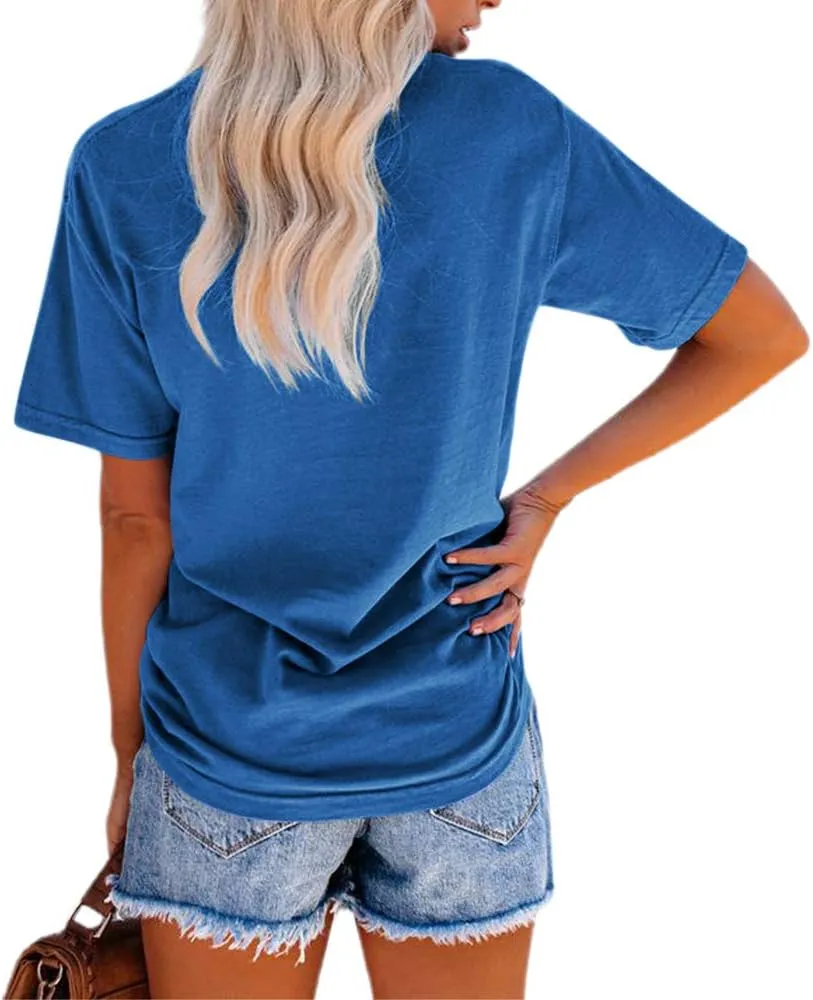 NIUBIA Women's Letter Print Basic Crew Neck Tee Summer Short Sleeve T-Shirt with Pockets Loose Fitting Tops