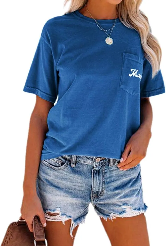 NIUBIA Women's Letter Print Basic Crew Neck Tee Summer Short Sleeve T-Shirt with Pockets Loose Fitting Tops