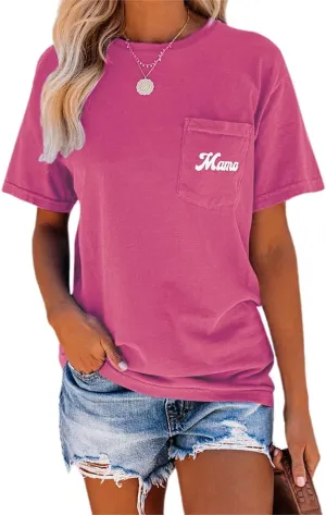 NIUBIA Women's Letter Print Basic Crew Neck Tee Summer Short Sleeve T-Shirt with Pockets Loose Fitting Tops