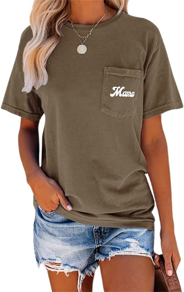 NIUBIA Women's Letter Print Basic Crew Neck Tee Summer Short Sleeve T-Shirt with Pockets Loose Fitting Tops