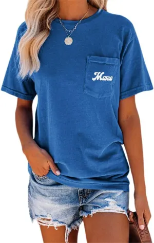 NIUBIA Women's Letter Print Basic Crew Neck Tee Summer Short Sleeve T-Shirt with Pockets Loose Fitting Tops