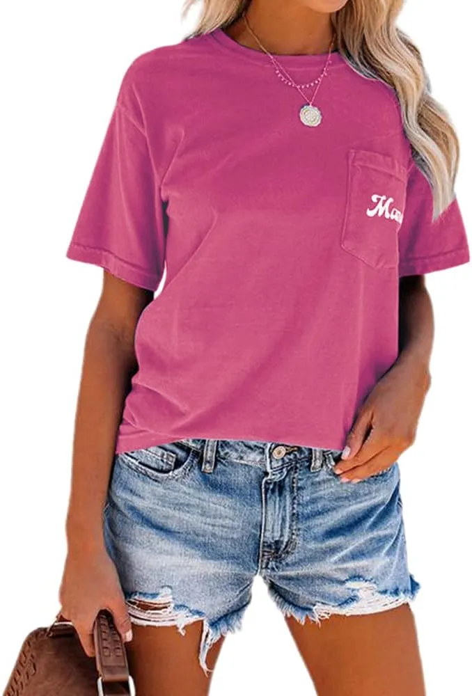 NIUBIA Women's Letter Print Basic Crew Neck Tee Summer Short Sleeve T-Shirt with Pockets Loose Fitting Tops