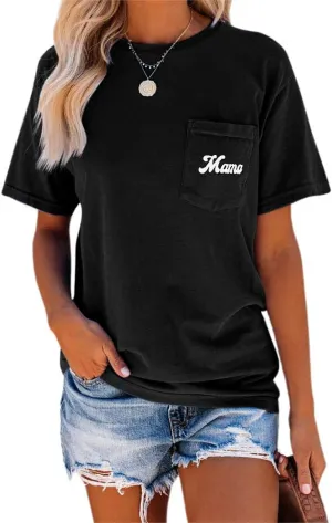 NIUBIA Women's Letter Print Basic Crew Neck Tee Summer Short Sleeve T-Shirt with Pockets Loose Fitting Tops