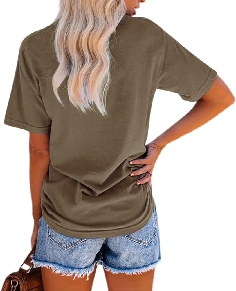 NIUBIA Women's Letter Print Basic Crew Neck Tee Summer Short Sleeve T-Shirt with Pockets Loose Fitting Tops
