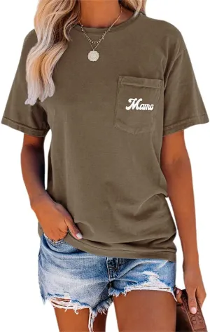 NIUBIA Women's Letter Print Basic Crew Neck Tee Summer Short Sleeve T-Shirt with Pockets Loose Fitting Tops