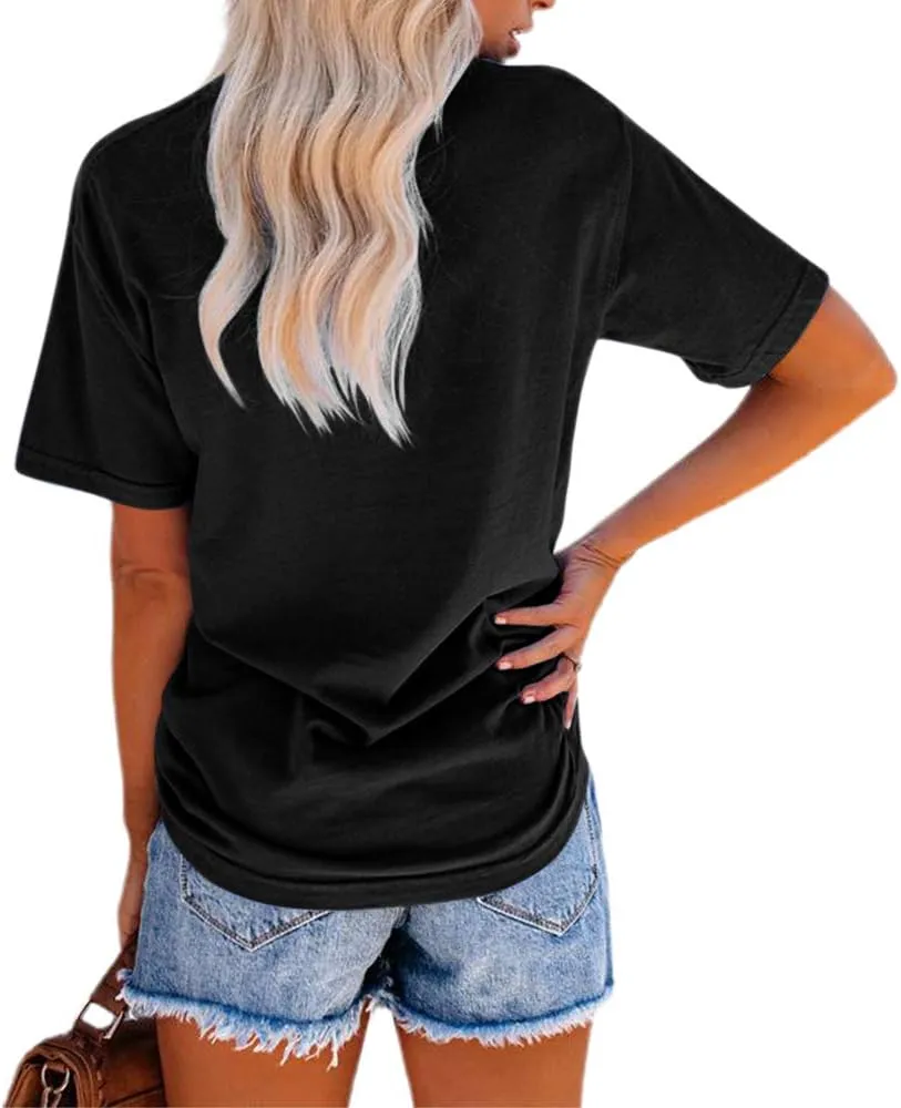 NIUBIA Women's Letter Print Basic Crew Neck Tee Summer Short Sleeve T-Shirt with Pockets Loose Fitting Tops