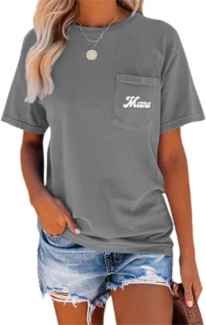 NIUBIA Women's Letter Print Basic Crew Neck Tee Summer Short Sleeve T-Shirt with Pockets Loose Fitting Tops