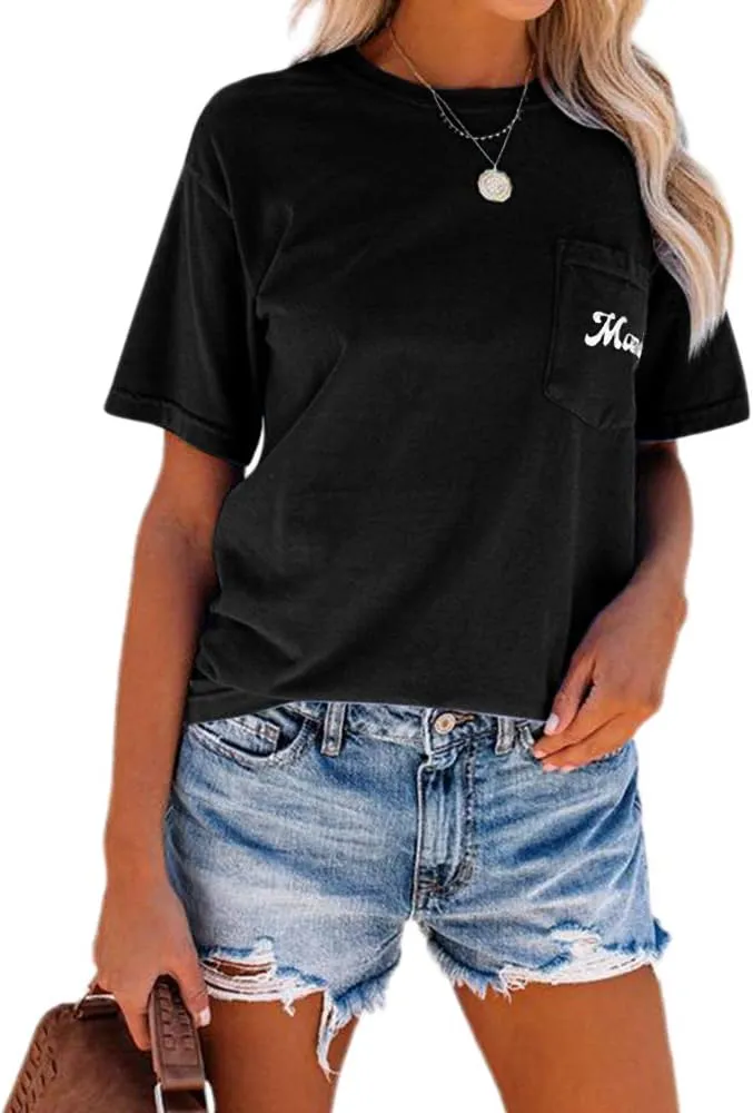 NIUBIA Women's Letter Print Basic Crew Neck Tee Summer Short Sleeve T-Shirt with Pockets Loose Fitting Tops