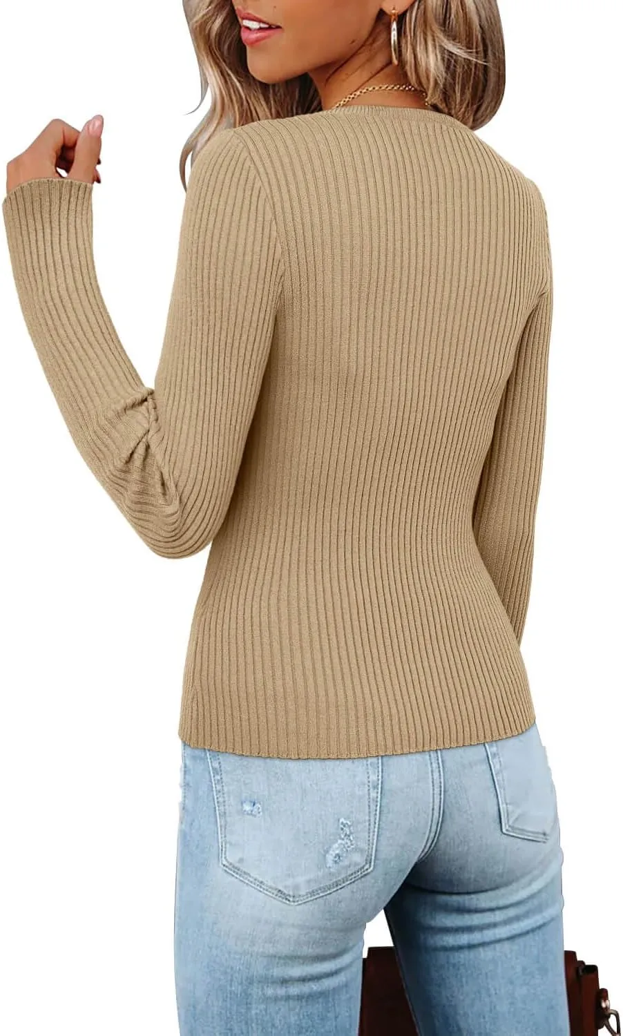 ONLYSHE Women's Casual Crewneck T Shirts Ribbed Knit Sweater Slim Fit Solid Basic Ladies Pullovers Fall Long Sleeve Tops