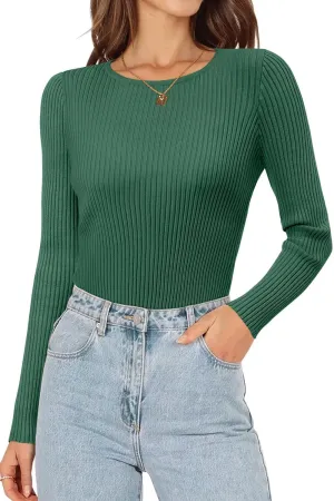 ONLYSHE Women's Casual Crewneck T Shirts Ribbed Knit Sweater Slim Fit Solid Basic Ladies Pullovers Fall Long Sleeve Tops