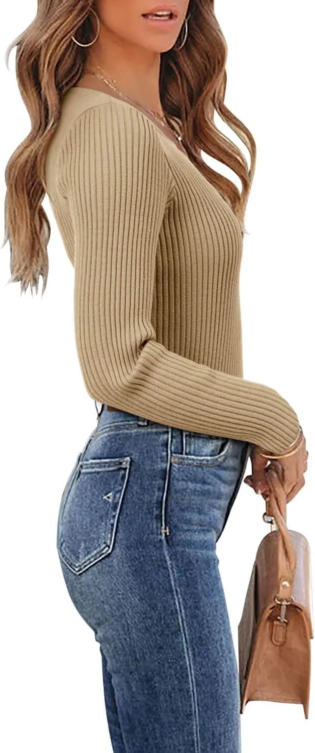 ONLYSHE Women's Casual Crewneck T Shirts Ribbed Knit Sweater Slim Fit Solid Basic Ladies Pullovers Fall Long Sleeve Tops