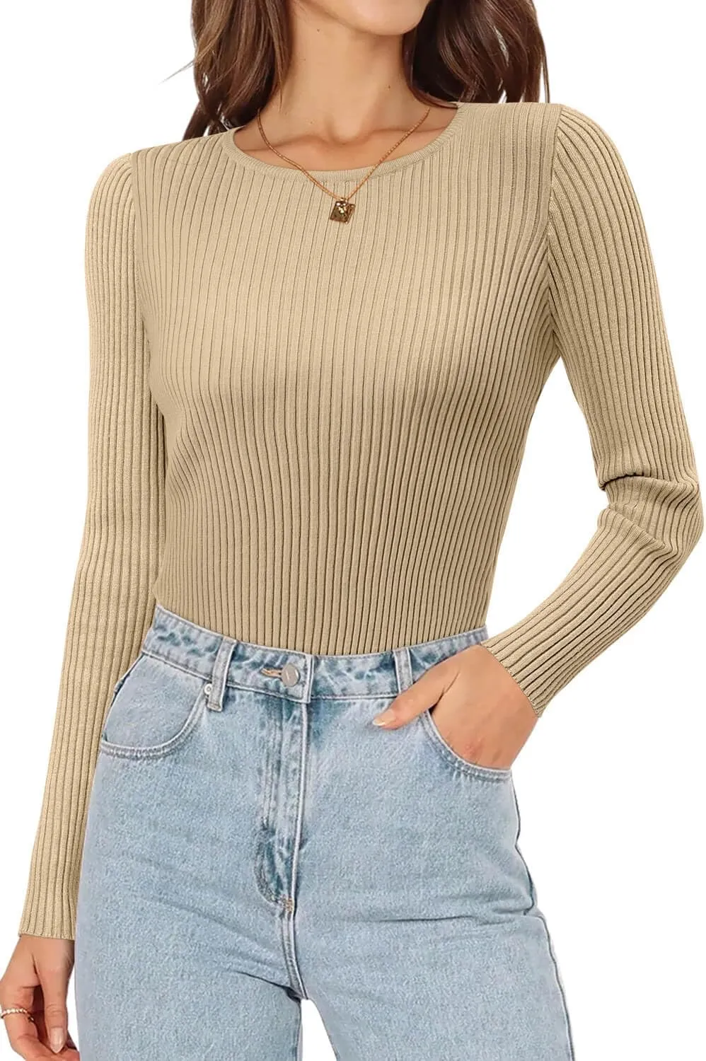 ONLYSHE Women's Casual Crewneck T Shirts Ribbed Knit Sweater Slim Fit Solid Basic Ladies Pullovers Fall Long Sleeve Tops