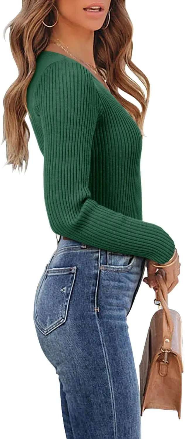 ONLYSHE Women's Casual Crewneck T Shirts Ribbed Knit Sweater Slim Fit Solid Basic Ladies Pullovers Fall Long Sleeve Tops