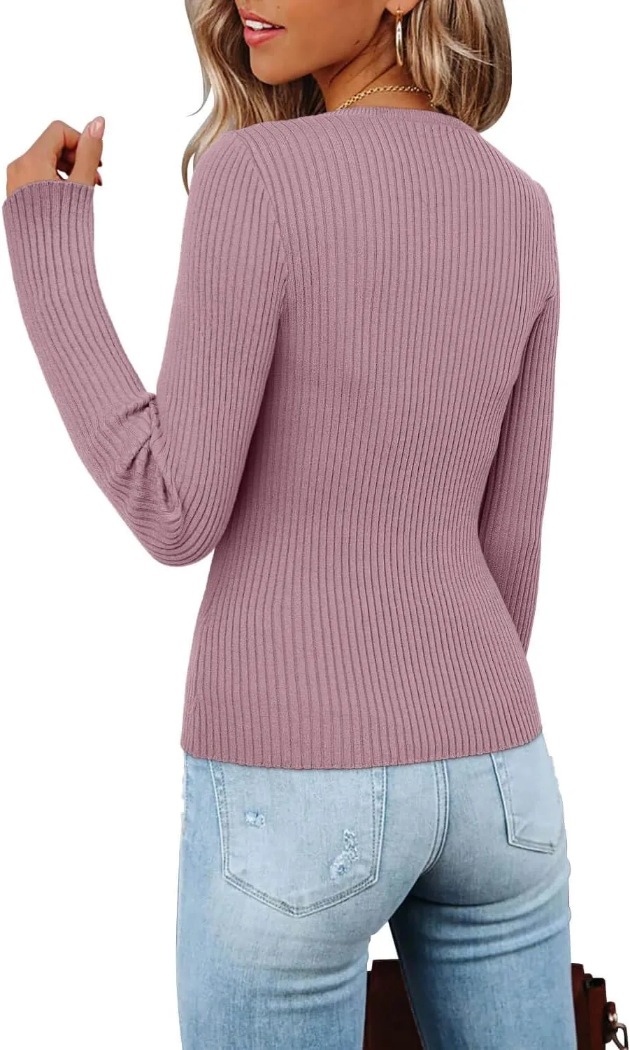 ONLYSHE Women's Casual Crewneck T Shirts Ribbed Knit Sweater Slim Fit Solid Basic Ladies Pullovers Fall Long Sleeve Tops