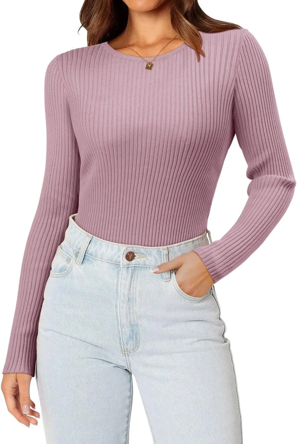 ONLYSHE Women's Casual Crewneck T Shirts Ribbed Knit Sweater Slim Fit Solid Basic Ladies Pullovers Fall Long Sleeve Tops