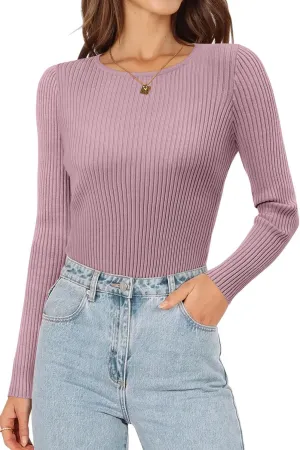ONLYSHE Women's Casual Crewneck T Shirts Ribbed Knit Sweater Slim Fit Solid Basic Ladies Pullovers Fall Long Sleeve Tops