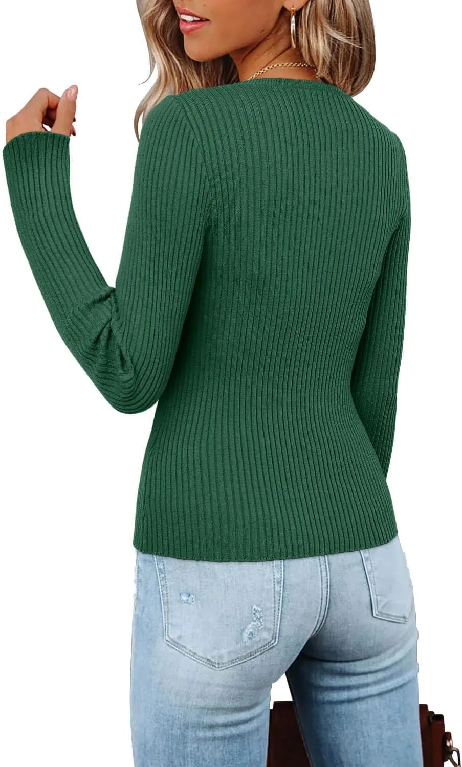 ONLYSHE Women's Casual Crewneck T Shirts Ribbed Knit Sweater Slim Fit Solid Basic Ladies Pullovers Fall Long Sleeve Tops