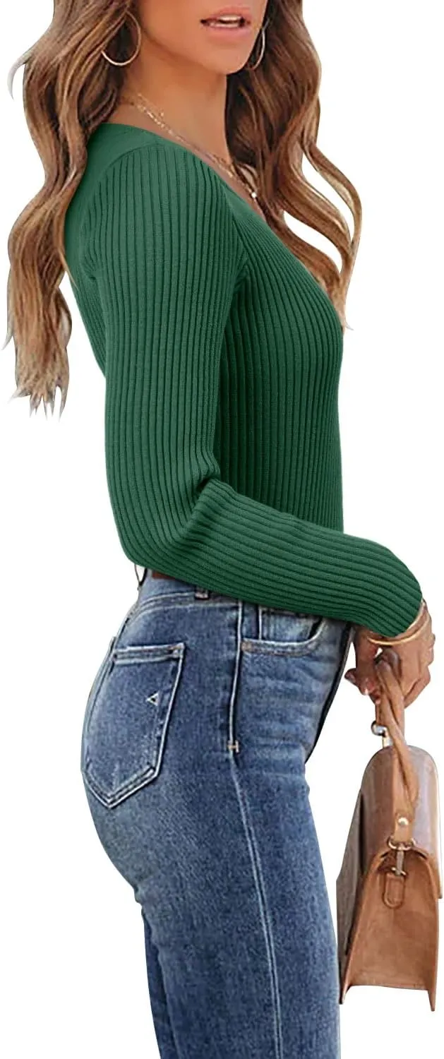 ONLYSHE Women's Casual Crewneck T Shirts Ribbed Knit Sweater Slim Fit Solid Basic Ladies Pullovers Fall Long Sleeve Tops