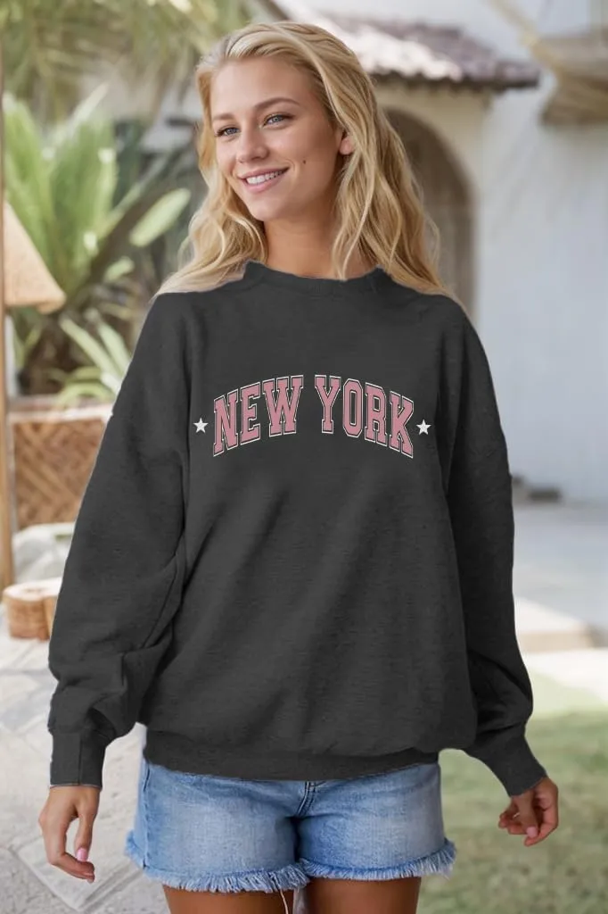 Oversized Sweatshirt for Women Embroidery Downtown Graphic Pullover Casual Loose Crewneck Long Sleeve Tops