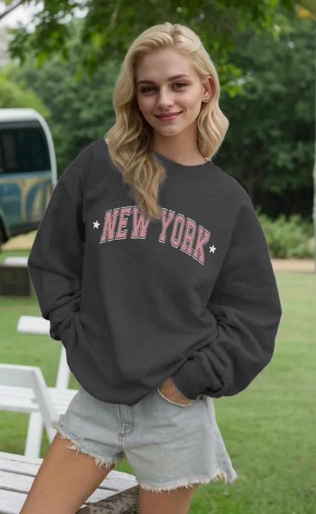 Oversized Sweatshirt for Women Embroidery Downtown Graphic Pullover Casual Loose Crewneck Long Sleeve Tops