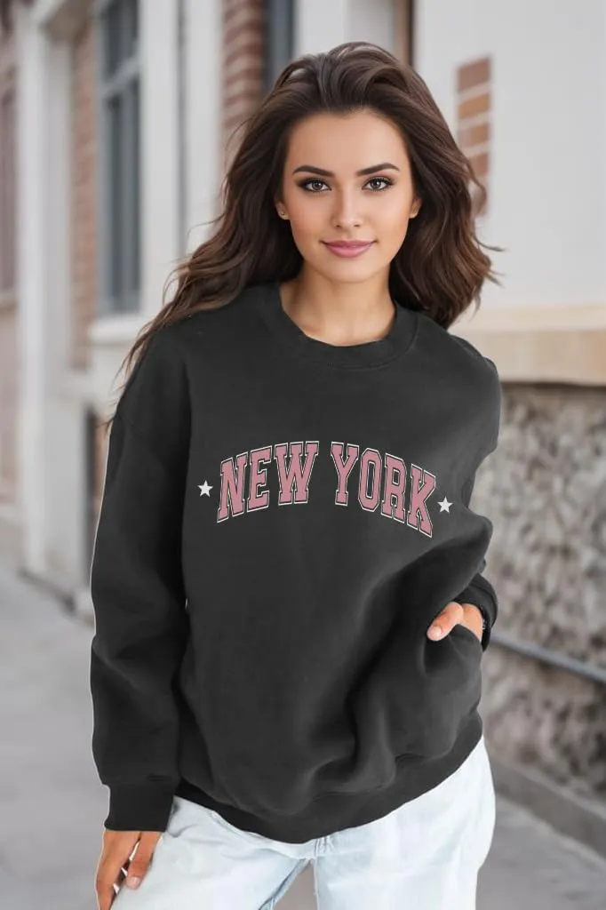 Oversized Sweatshirt for Women Embroidery Downtown Graphic Pullover Casual Loose Crewneck Long Sleeve Tops