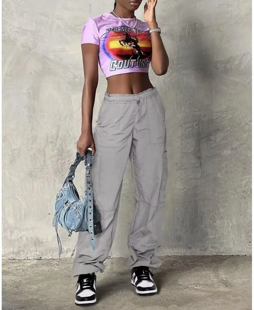 Parachute Pants for Women Cargo Pants Womens Baggy Drawstring Elastic Low Waist Ruched Joggers Pant with Pockets