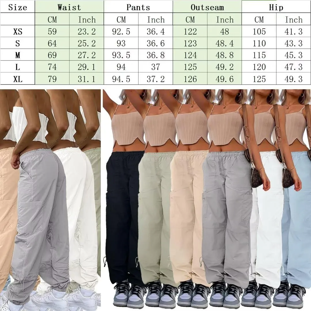 Parachute Pants for Women Cargo Pants Womens Baggy Drawstring Elastic Low Waist Ruched Joggers Pant with Pockets
