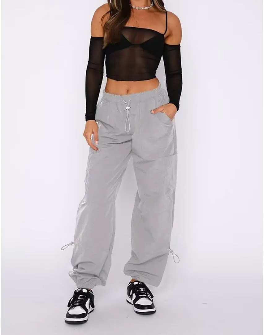 Parachute Pants for Women Cargo Pants Womens Baggy Drawstring Elastic Low Waist Ruched Joggers Pant with Pockets