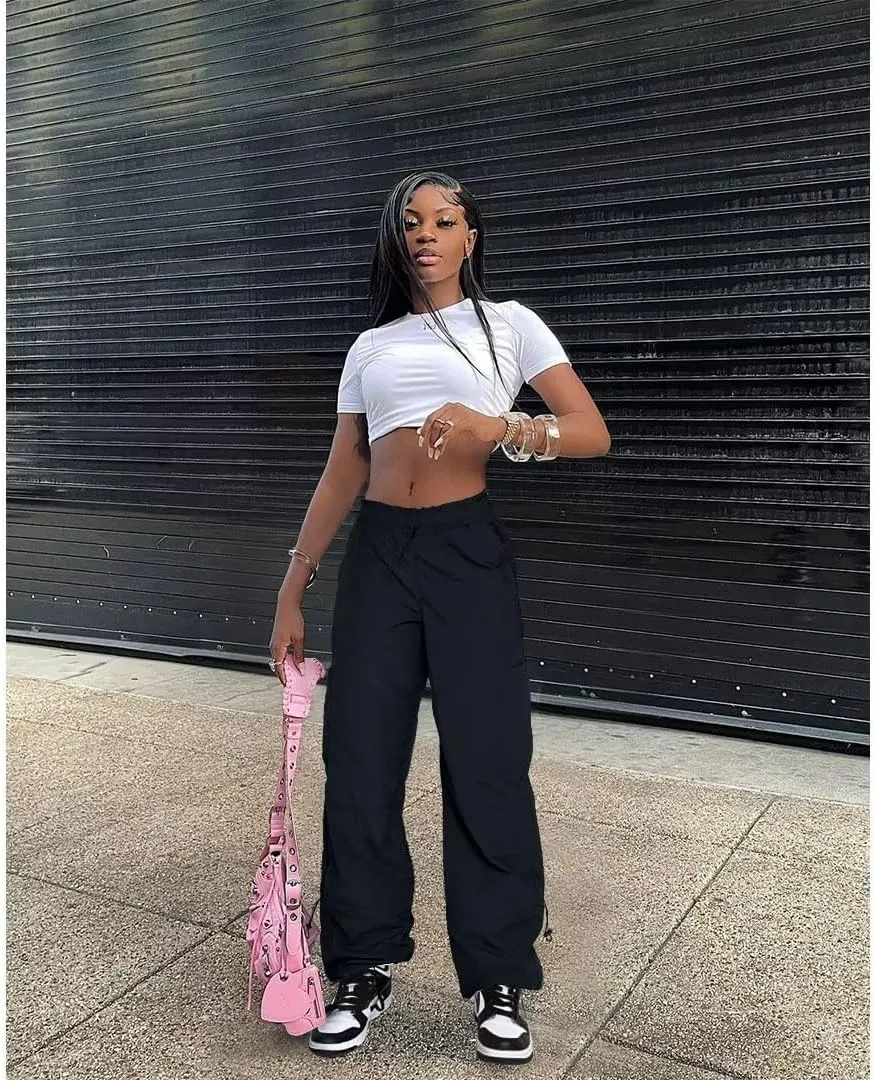 Parachute Pants for Women Cargo Pants Womens Baggy Drawstring Elastic Low Waist Ruched Joggers Pant with Pockets