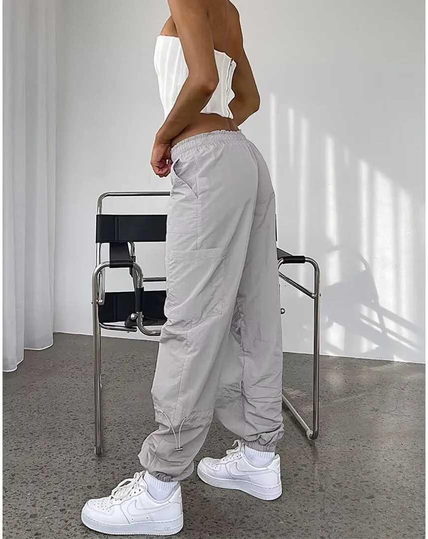Parachute Pants for Women Cargo Pants Womens Baggy Drawstring Elastic Low Waist Ruched Joggers Pant with Pockets