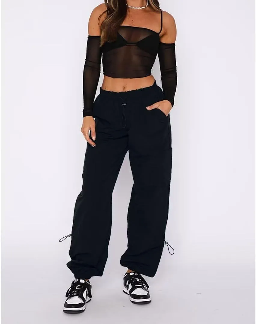 Parachute Pants for Women Cargo Pants Womens Baggy Drawstring Elastic Low Waist Ruched Joggers Pant with Pockets