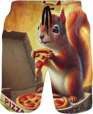 Personalized Mens Swim Trunks Funny Happy Squirrel Pizza Party Men Swimming Trunks Elastic Quick Dry S