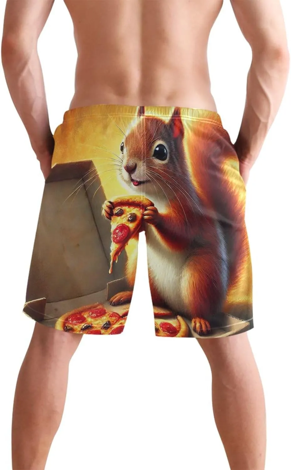 Personalized Mens Swim Trunks Funny Happy Squirrel Pizza Party Men Swimming Trunks Elastic Quick Dry S