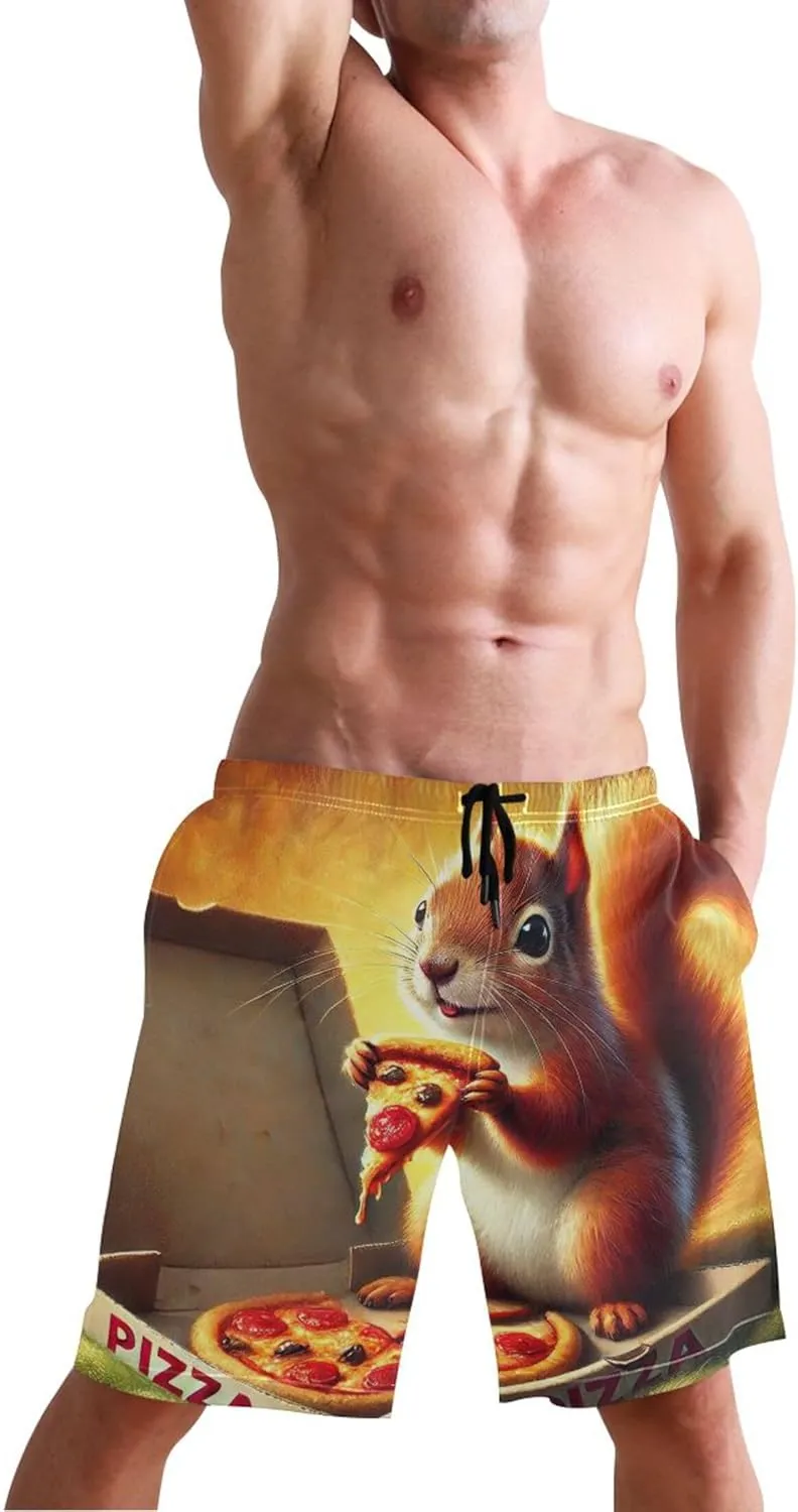 Personalized Mens Swim Trunks Funny Happy Squirrel Pizza Party Men Swimming Trunks Elastic Quick Dry S