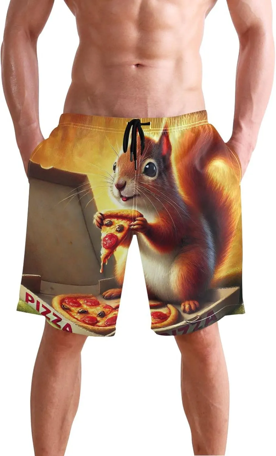 Personalized Mens Swim Trunks Funny Happy Squirrel Pizza Party Men Swimming Trunks Elastic Quick Dry S