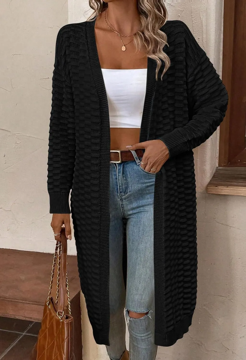 Pink Queen Women's Lightweight Long Cardigan Sweaters Casual Long Sleeve Open Front Drop Shoulder Oversized Fall Knitwear
