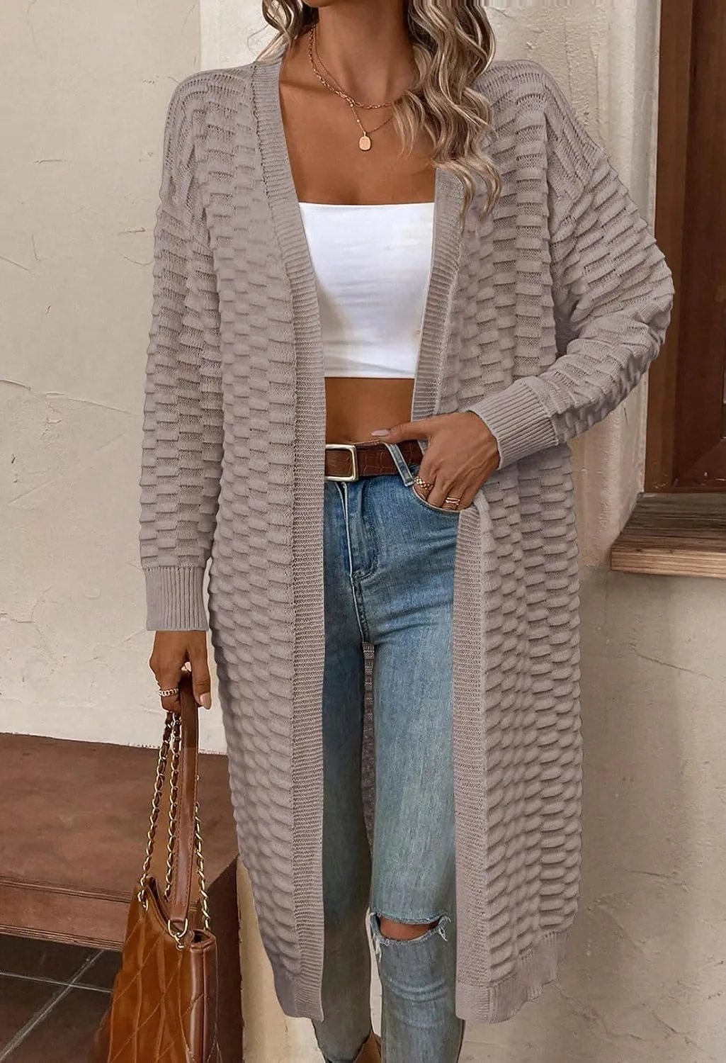 Pink Queen Women's Lightweight Long Cardigan Sweaters Casual Long Sleeve Open Front Drop Shoulder Oversized Fall Knitwear