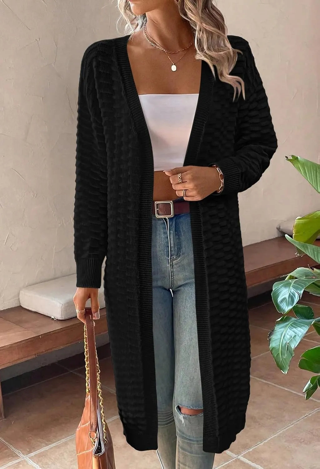 Pink Queen Women's Lightweight Long Cardigan Sweaters Casual Long Sleeve Open Front Drop Shoulder Oversized Fall Knitwear