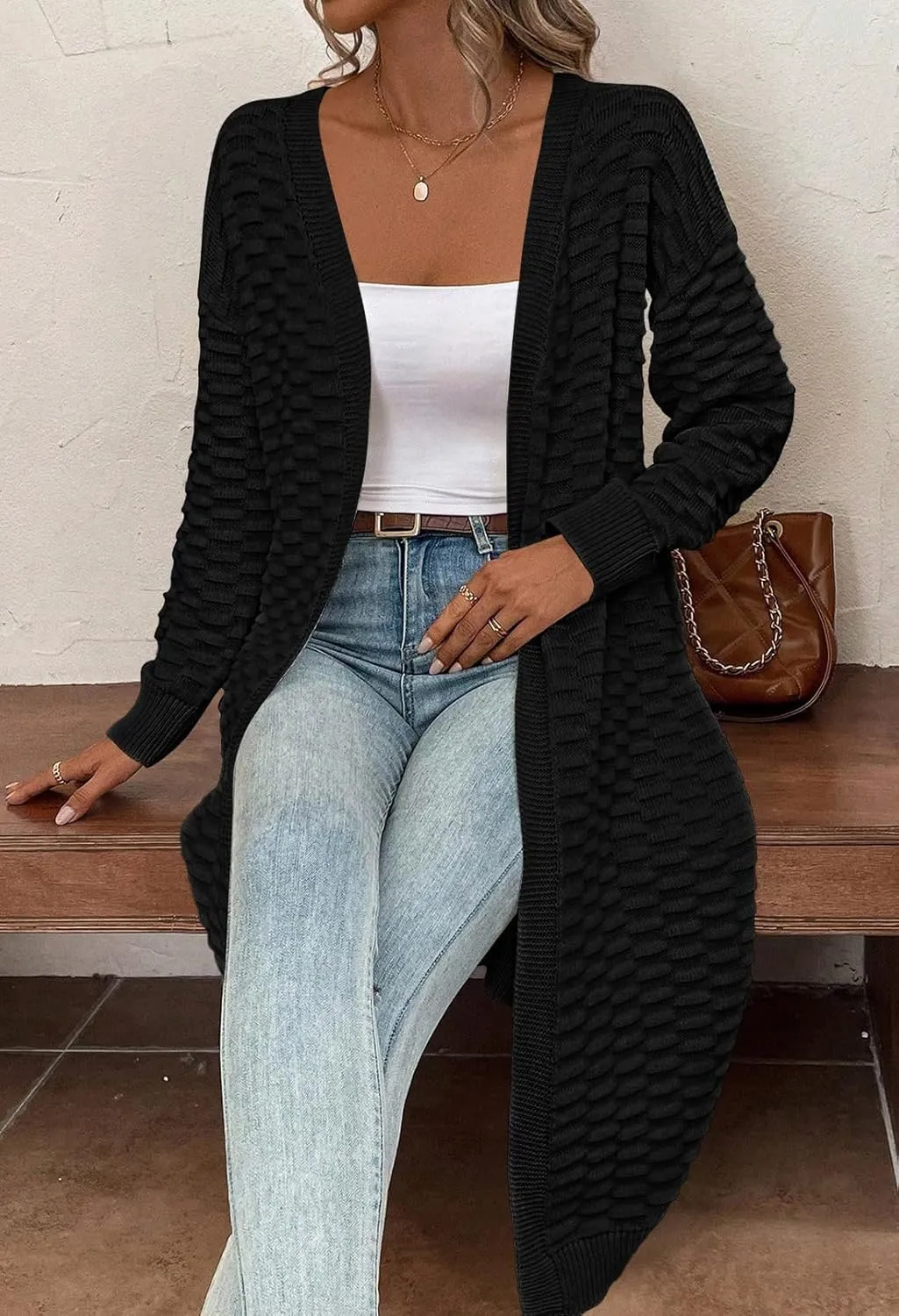 Pink Queen Women's Lightweight Long Cardigan Sweaters Casual Long Sleeve Open Front Drop Shoulder Oversized Fall Knitwear
