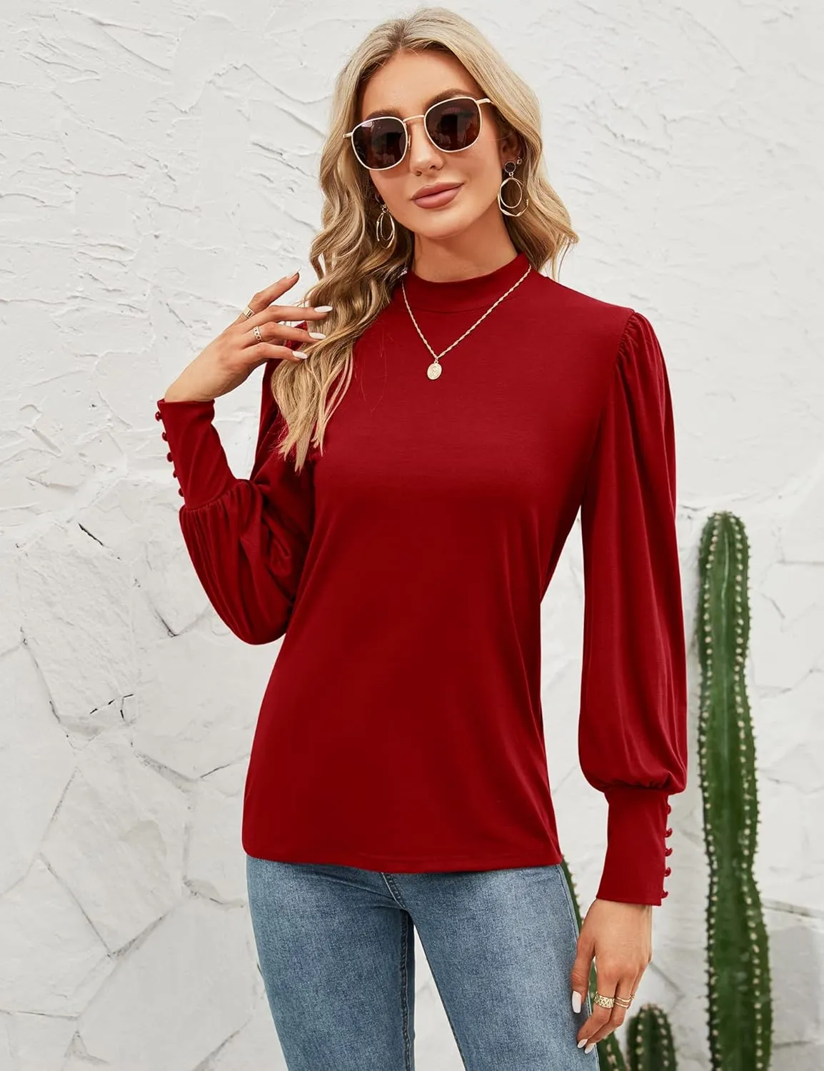 Qirno Womens Mock Neck Puff Long Sleeve Tops Casual Loose Solid Basic T Shirt Button Cuffs Pullovers Shirts Blouse