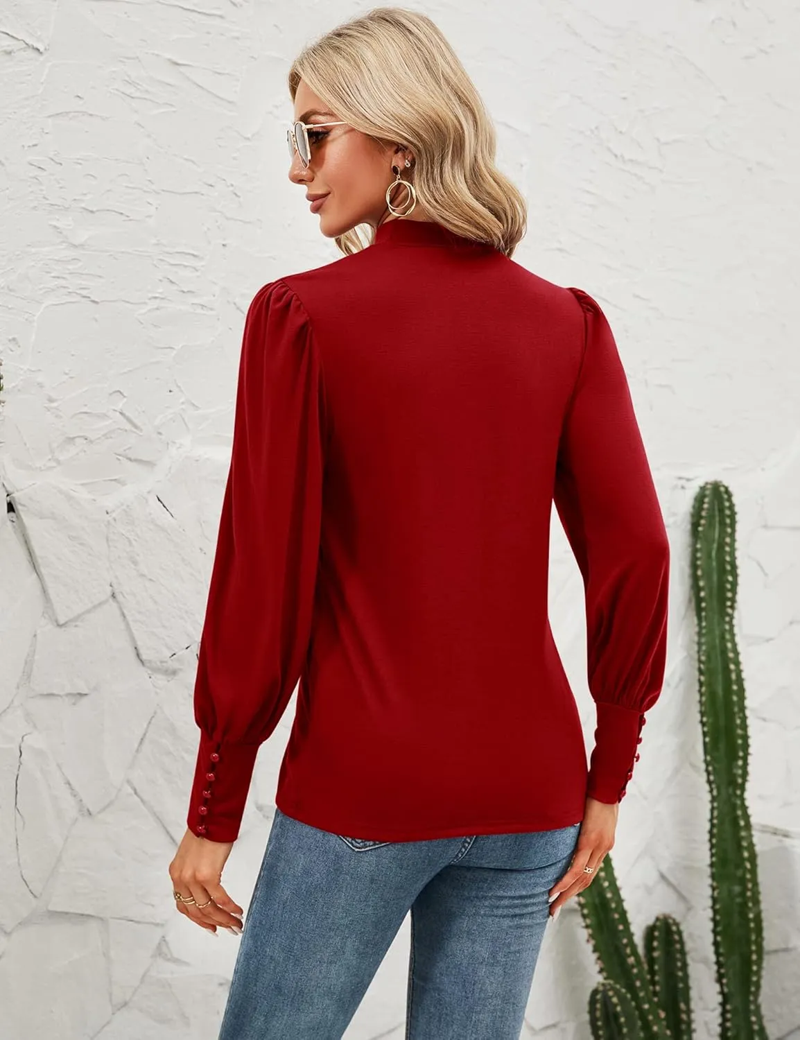 Qirno Womens Mock Neck Puff Long Sleeve Tops Casual Loose Solid Basic T Shirt Button Cuffs Pullovers Shirts Blouse