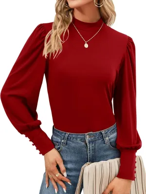 Qirno Womens Mock Neck Puff Long Sleeve Tops Casual Loose Solid Basic T Shirt Button Cuffs Pullovers Shirts Blouse