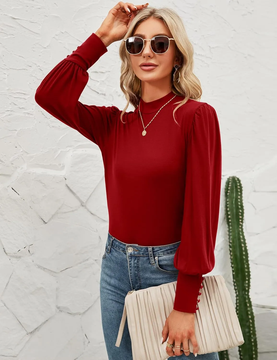 Qirno Womens Mock Neck Puff Long Sleeve Tops Casual Loose Solid Basic T Shirt Button Cuffs Pullovers Shirts Blouse