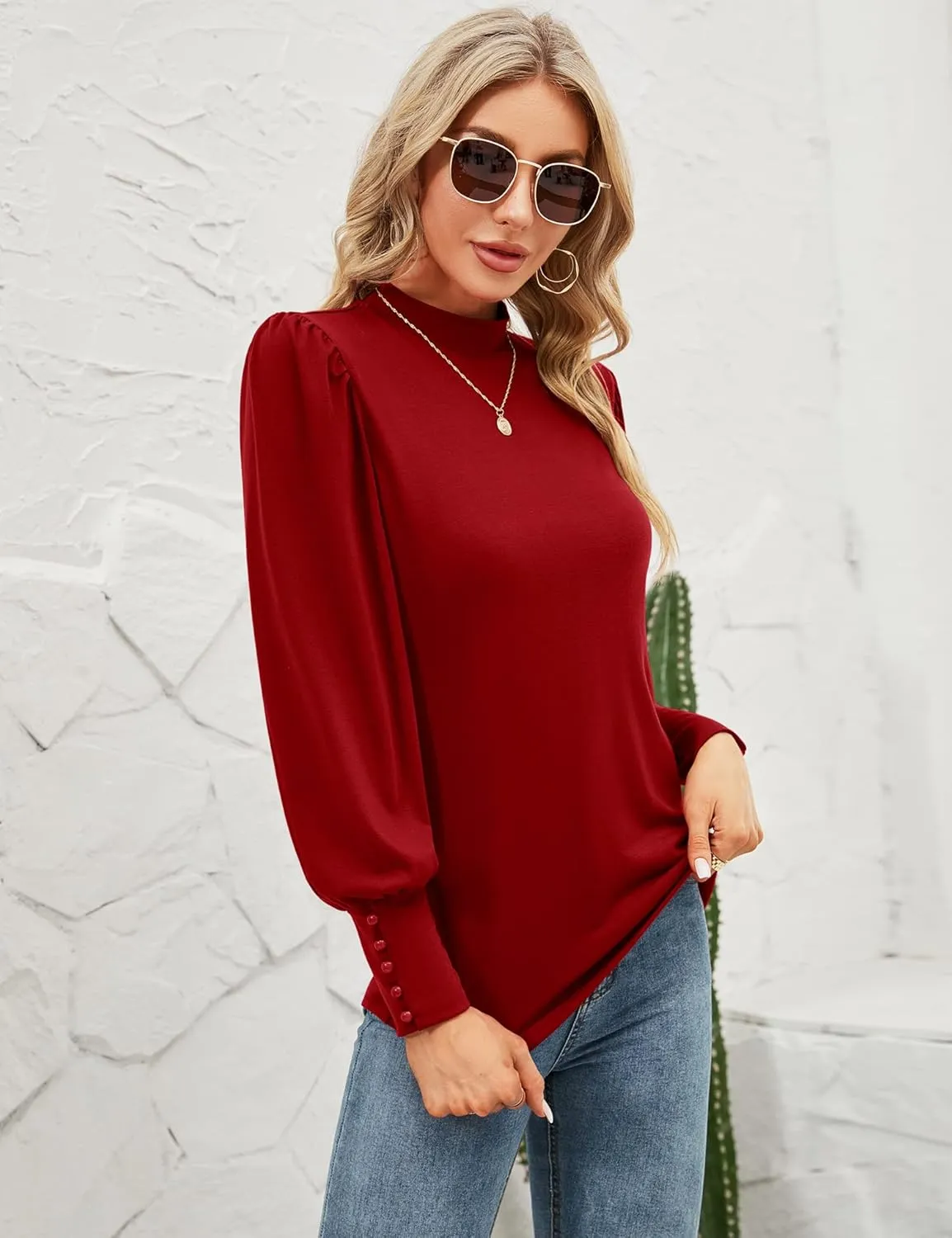 Qirno Womens Mock Neck Puff Long Sleeve Tops Casual Loose Solid Basic T Shirt Button Cuffs Pullovers Shirts Blouse