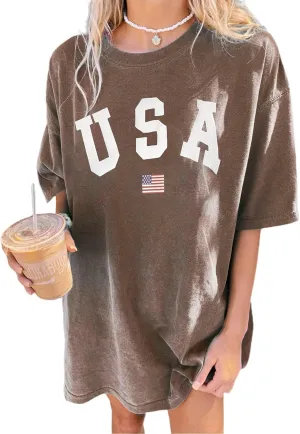 Remidoo Women's Casual Short Sleeve Graphic Oversized T Shirt Loose Letter Print Tee Top Blouse