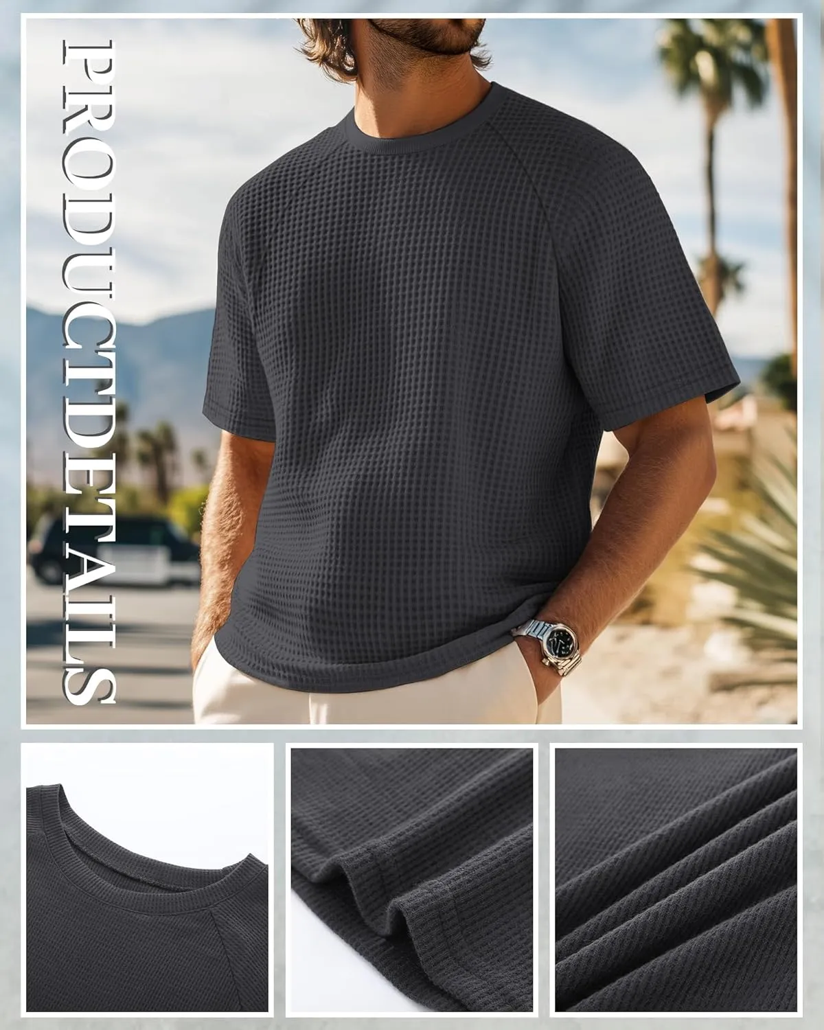 Riyiper 3 Pack Men's Waffle Knitted Short Sleeve Crewneck T-Shirts Solid Raglan Sleeve Casual Pullover Tees