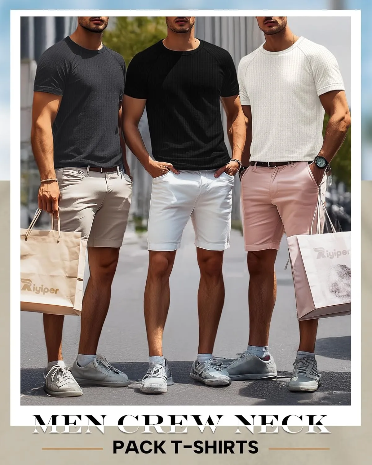 Riyiper 3 Pack Men's Waffle Knitted Short Sleeve Crewneck T-Shirts Solid Raglan Sleeve Casual Pullover Tees
